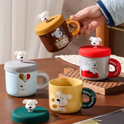 Klein Cadeau met Deksel Lepel Keramische Mok voor Meisjes Koppels Huispak Huis Cartoon Mok Hoge Uitstraling Grote Capaciteit 350ML gray