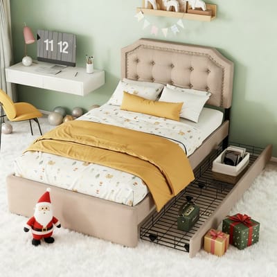KOMHTOM Eenpersoonsbed 90x200 cm Volwassenen bed Bed met 2 laden sierrand donkerbeige decoratieve klinknagels