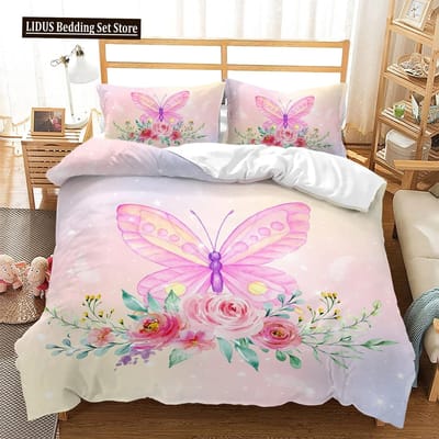 Vlinder Dekbedovertrek Set Volledige Maat, Regenboog Vlinder Beddengoed Set Voor Meisjes, Regenboog Vlinders Dekbedovertrek Set, Roze Paars AU Single 140x210cm