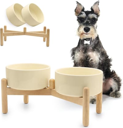 Verhoogde voerbak - Honden voerbak - Comfortabel eten - Keramiek met standaard - 850 ml - Beige