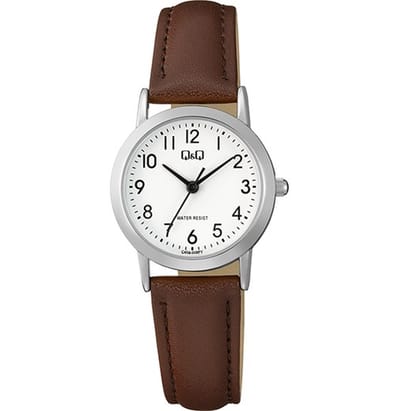 Q&Q C40A-008PY - Horloge - Polshorloge - Analoog - Dames - Vrouwen - Leren band - Rond - Metaal - Cijfers - DonkerBruin - Zilverkleurig - Wit