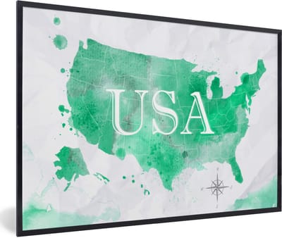 Poster in lijst - Fotolijst 90x60 cm - Posters - Wereldkaart - Verenigde Staten - Groen - Posterlijst zwart - Decoratie - Wanddecoratie woonkamer - Muurdecoratie slaapkamer