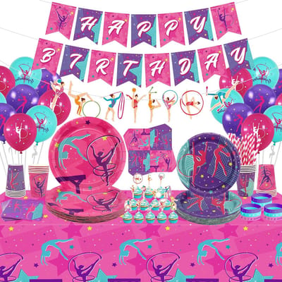 Dailygoods- Gymnastiekaccessoires Feestpakket - Banner - Servies - Tafelkleed - Ballonnen - 20 Platte Borden (17,7 cm) - Feestdecoratie