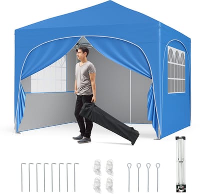 COSTWAY 3 x 3 m paviljoen met 4 afneembare zijwanden, tuintent incl. roltas, 8 haringen, 4 ankers, 4 scheerlijnen, 4 zandzakken, tuinpaviljoen, feesttent voor strand, tuin, park (blauw)