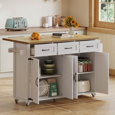 STILVORA Keukeneiland - Met Uitklapbaar Werkblad En Wielen - Met 4 Deuren En 3 Laden Voor Keuken En Eethoek - MDF - 140x43x90,5 Cm