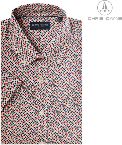 Chris Cayne heren overhemd - M - rood/beige - geprint dessin - korte mouwen - borstzak