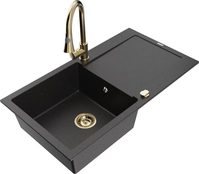 Mexen Leo granieten spoelbak 1-kompartment met afdruiprek en keukenmengkraan Elia, zwart/zilver metallic - 6501-73-670101-50