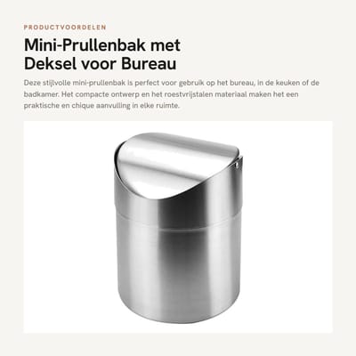 Dailygoods- Prullenbak 12 x 12,3 x 16 cm - Mini-prullenbak - Roestvrij Staal - Draaideksel - Ruimtebesparend - Geurbestendig - Afvalbak