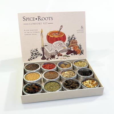 Spiceroots Comfort Kit - 12 Comfortfood kruiden - duurzaam Paperwise - 4 recepten