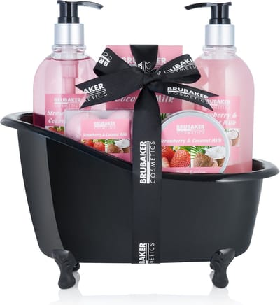 BRUBAKER Cosmetics Bad- en Doucheset - Cadeautip vrouw - Aardbei Kokosnoot in Decoratieve Badkuip - Verwenpakket Vrouw - Cadeau Geschenkset Zwart 9 stuks - Cadeau - Kerstcadeau - Bodylotion - douchegel