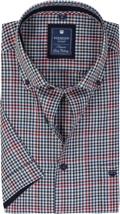 Redmond comfort fit overhemd - korte mouw - Oxford - blauw - wit en rood geruit - Strijkvriendelijk - Boordmaat: 39 - 40