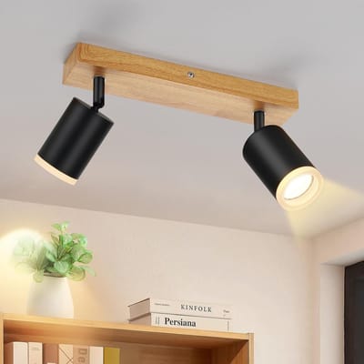 Glitzerlife - Plafondspot Plafondlamp - 2xGU10 draaibaar - Opbouwspot verstelbaar - Hout Aluminium retro stijl - Ø28cm - Zwart