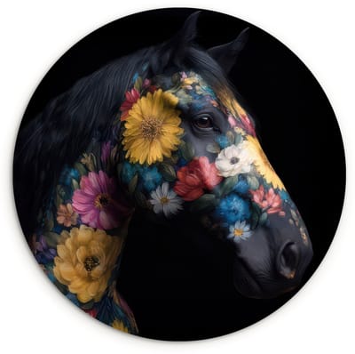 WallCircle® Wandcirkel 120x120 cm - Muurcirkel Paard - Bloemen - Zwart - Muurdecoratie woonkamer - Wanddecoratie slaapkamer - Kamer decoratie accessoires - Ronde schilderijen XXL