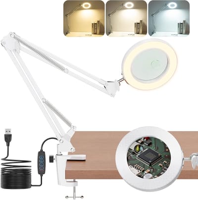 Vergrootglas met Licht en Statief, 10x Vergrootlamp met Klem, Desk Vergrootlamp met 3 Kleurmodi en Dimbaar voor Hobby's, Handwerken, Reparaties en Lezen