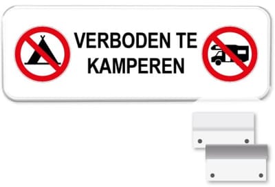 Parkeerbord Verboden te kamperen - Weerbestendig Aluminium - 40x15 cm - Bevestiging: Met muur-/ wandmontage beugels