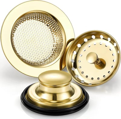 3-delige set – Gouden gootsteenfilters en afvoerstoppen – Keukengootsteenset – Inclusief filter, afdichtstop en aansluiting – Geschikt voor vuilafvoer en afvalverwijdering – Praktisch accessoire voor gootsteen en afvalvermaler