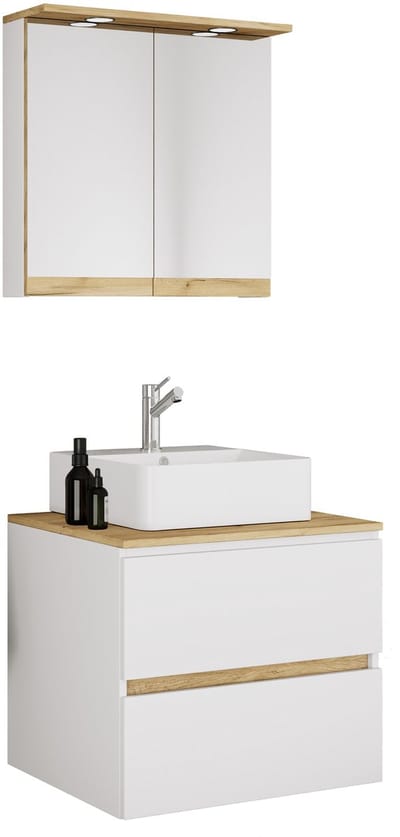 VCM 3-tlg. Waschtisch Set mit Keramikbecken, Badschrank mit 2 Softclose-Schubladen, Spiegelschrank mit Beleuchtung und Steckdose, Maße Unterschrank H. 51 x B. 60 x T. 51 cm, Cosila-A