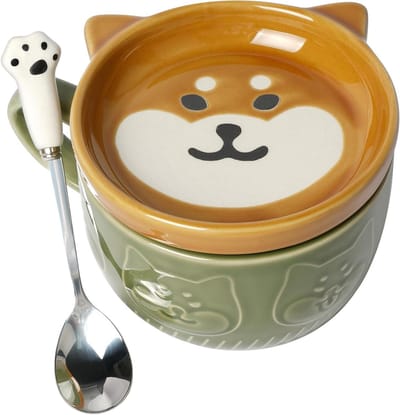 Schattige hondenmok met deksel, dieren theekop, keramische koffiemok met lepel - perfect verjaardagscadeau voor vrienden, familie en dierenliefhebbers - Groen