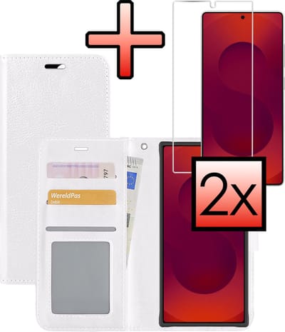 Hoesje - Met 2x Screenprotector - Geschikt voor Samsung Galaxy S25 Ultra - Luxe Pasjeshouder - Bookcase Portemonee - Flip Case - Kunstleer Book Case - Flipcase Hoes - Book Cover - Walletcase - Portemonneehoes - Wit