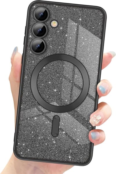 Hoesje Geschikt Voor Samsung Galaxy S23 Magsafe hoesje Zwart - Lens beschermer glitter backcover