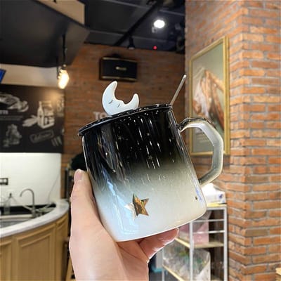 Creatieve Beker Literair Meisje Mok Eenvoudige Verloopkleur Sterrenhemel Grote Buik Keramische Waterbeker met Deksel en Lepel 400ml