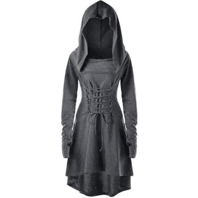 Dames Cosplay Jurk Gothic Effen Kleur Vetersluiting Riem Slanke Taille Onregelmatige Zoom Capuchon Lange Mouwen Themafeesten Rollenspel XL gray