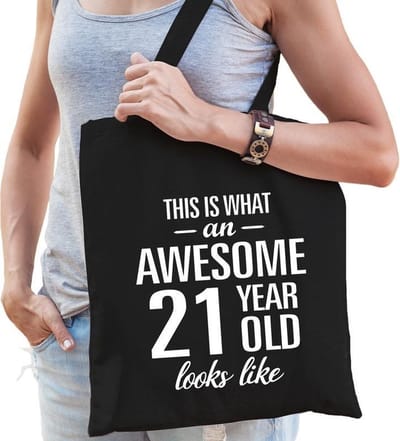 Awesome 21 year / geweldig 21 jaar cadeau tas - zwart - voor dames - kado tas - verjaardag tasje / shopper