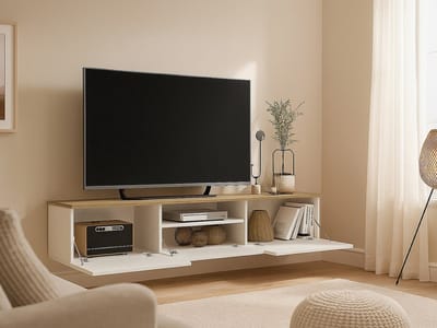 Vente-unique Zwevend tv-meubel met 3 deuren en 1 nis - Wit en naturel - LOTULA