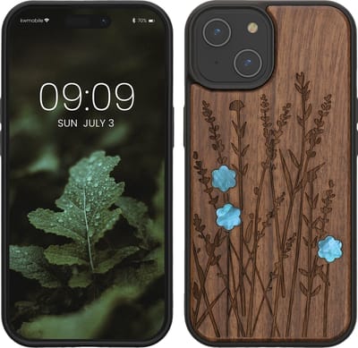 kwmobile telefoonhoesje geschikt voor iPhone 15 - Hoesje met bumper - hout - In donkerbruin Parelmoer lavendel design