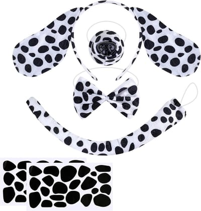 Dalmatian Kostuum Set met 6 Accessoires voor Kinderen en Volwassenen - Hoofdband, Strik, Staart en Zelfklevende Papieren Decoraties voor Halloween en Feestjes