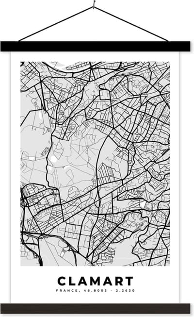 Posterhanger incl. Poster 40x60 cm - Schoolplaat - Stadskaart - Frankrijk - Kaart - Clamart - Plattegrond - Textielposter - Zwarte latten - Stadskaart