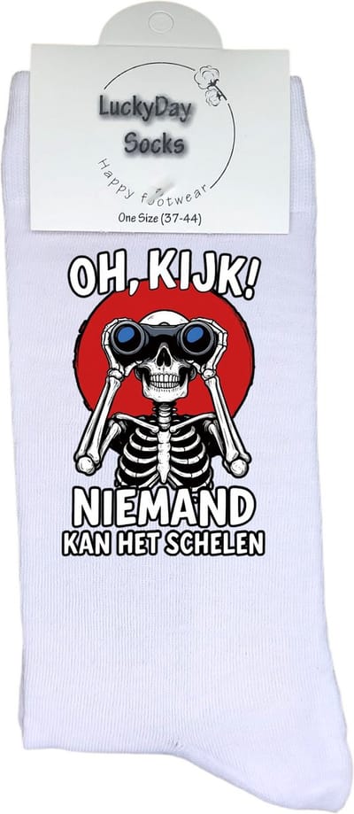 Skelet verrenkijker - LuckyDay Socks - Skull sokken - Niemand kan het schelen - Grappige sokken - Motivatie sokken - Vaderdag - Moederdag - Cadeau sokken - Verjaardag cadeau - Beterschap cadeau - Opkikker - Schoen cadeau - Kerst cadeau - Maat 37-44