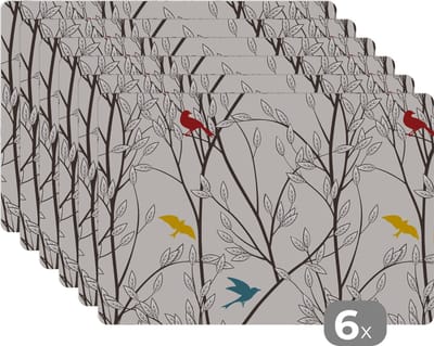 Placemat - Placemats kunststof - Patronen - Planten - Vogel - 45x30 cm - 6 stuks - Hittebestendig - Anti-Slip - Onderlegger - Afneembaar