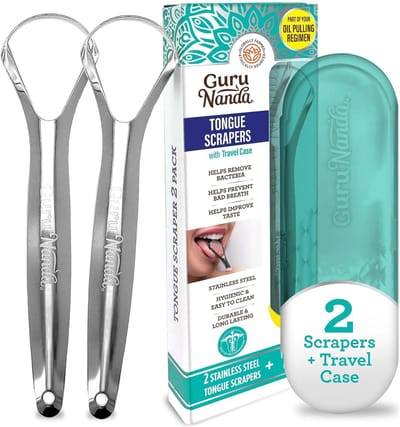 GuruNanda, Spoon-Shape Tongschraper voor Volwassenen met Reisdoosje– 100% Roestvrijstaal – Voor Frisse Adem & Optimale Mondverzorging - 2-Pack