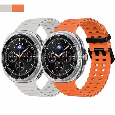 Stravo 2-pack Ocean sportbandje – Geschikt voor Samsung Galaxy Watch 9 (40/44mm) / Watch 8 (40/44mm) / 8 Classic (46mm) – Oranje + Starlight – Ademend zacht siliconen waterdicht horlogebandje