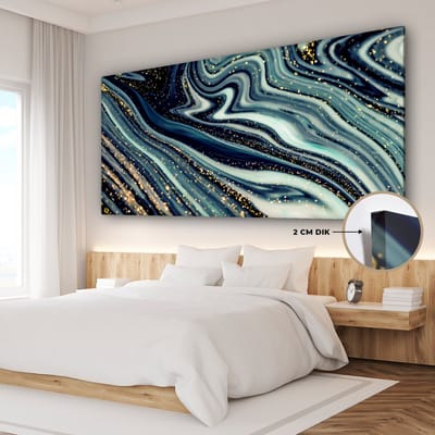 Canvas schilderij 160x80 cm - Wanddecoratie Marmer - Goud - Blauw - Glitter - Marmerlook - Abstract - Muurdecoratie woonkamer - Slaapkamer decoratie - Kamer accessoires - Schilderijen op canvas