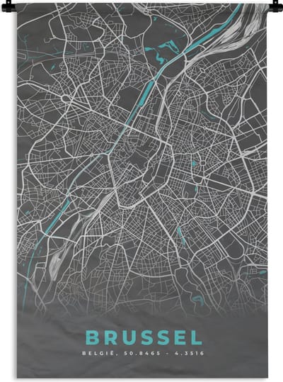 Wandkleed - Wanddoek - België – Brussel – Stadskaart – Kaart – Blauw – Plattegrond - 120x180 cm - Wandtapijt