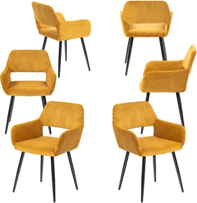 Meubles Cosy Set van 6 eetkamerstoelen - met armleuningen Corduroy zitting - Geel
