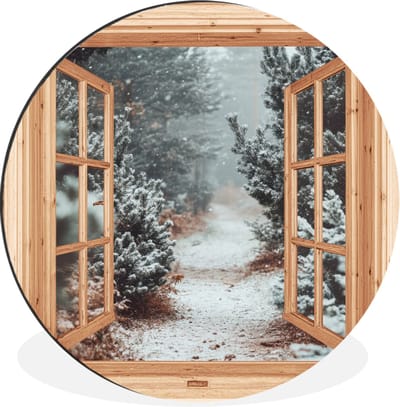 WallCircle - Wandcirkel - Muurcirkel - Bos - Winter - Bomen - Natuur - Pad - Doorkijk - Aluminium - Dibond - 120x120 cm - Binnen en Buiten XXL