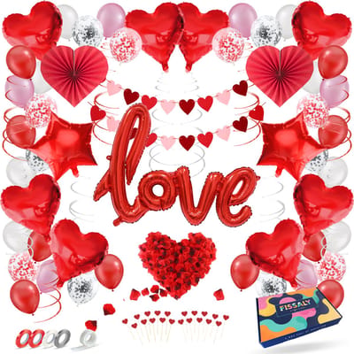 Fissaly 89 Stuks Liefde & Hartjes Decoratie Set Helium & Papieren Confetti Ballonnen en Lint & Rozenblaadjes – I Love you - Valentijn Cadeautje voor Hem & Haar - Man & Vouw - Hem & Haar - Rood