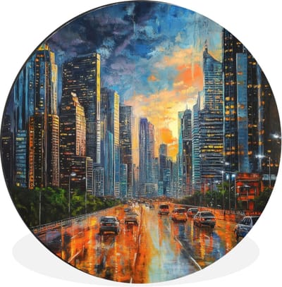 WallCircle - Wandcirkel - Muurcirkel - Auto - Skyline - Zon - Blauw - Aluminium - Dibond - 30x30 cm - Binnen en Buiten