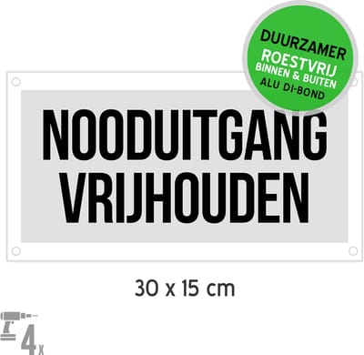 Pictogram/ bord Dibond + boorgaten | "Nooduitgang vrijhouden" | 30 x 15 cm | SOS | Noodgeval | Nooddeur | Brandweer | Deur | Grijs | Duurzaam | Roestvrij | 1 stuk