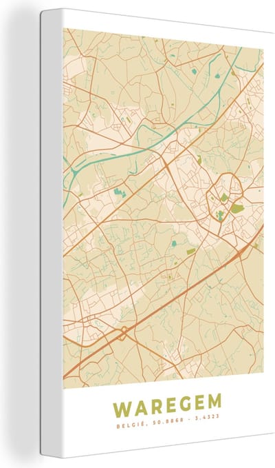 Canvas Schilderij Kaart - Plattegrond - Vintage - Stadskaart - Waregem - 20x30 cm - Wanddecoratie