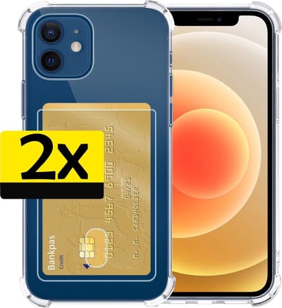 Hoesje - 2 Stuks - Geschikt voor Apple iPhone 12 Mini - Met Pashouder en Kaarthouder - Telefoon Hoes Shockproof - Siliconen Case - Back Cover - Shock Proof - Pasjes Houder - Telefoonhoesjes - Transparant