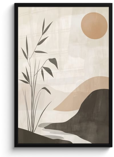 Poster in lijst - Fotolijst 60x90 cm - Posters - Japandi - Landschap - Beige - Posterlijst zwart - Decoratie - Wanddecoratie woonkamer - Muurdecoratie slaapkamer