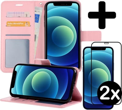 Hoesje - Met 2x Screenprotector - Geschikt voor Apple iPhone 12 - Luxe Pasjeshouder - Flip Case - Bookcase Portemonee - Kunstleer Book Case - Flipcase Hoes - Book Cover - Walletcase - Portemonneehoes - Telefoonhoes - Lichtroze
