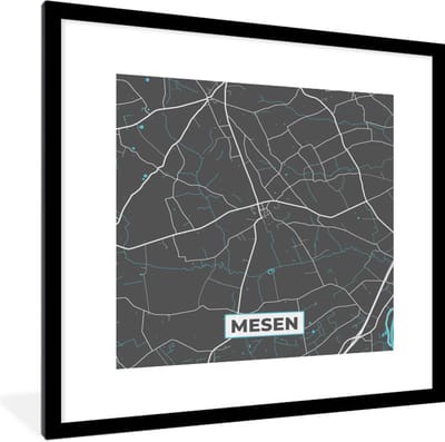 Fotolijst incl. Poster - Stadskaart – Grijs - Kaart – Mesen – België – Plattegrond - 40x40 cm - Posterlijst