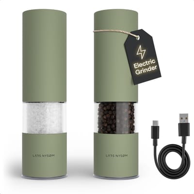 LARS NYSØM Elektrische Zout- en Pepermolen | Automatische Molen Set van Roestvrij Staal met Instelbare Keramische Maalwerk | USB-Oplaadbare Kruidenmolens met LED-verlichting (Sage Green)