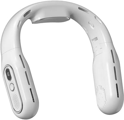 Draagbare nekventilator - 360° verkoelende luchtstroom rondom, oplaadbaar, opvouwbaar, handsfree te dragen, bladloos ontwerp, met led-display | Drie windsnelheden | Persoonlijke koelventilator voor op reis, buitenactiviteiten en kamperen (wit)