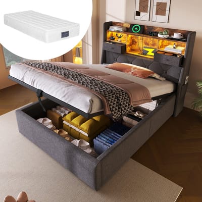 DESMIU Gestoffeerd Bed 90x200 Cm - Bed Met Hydraulische Opbergruimte, Led Hoofdbord En Oplaadpunten - Eenpersoonsbed - Linnen - Grijs - Met Matras